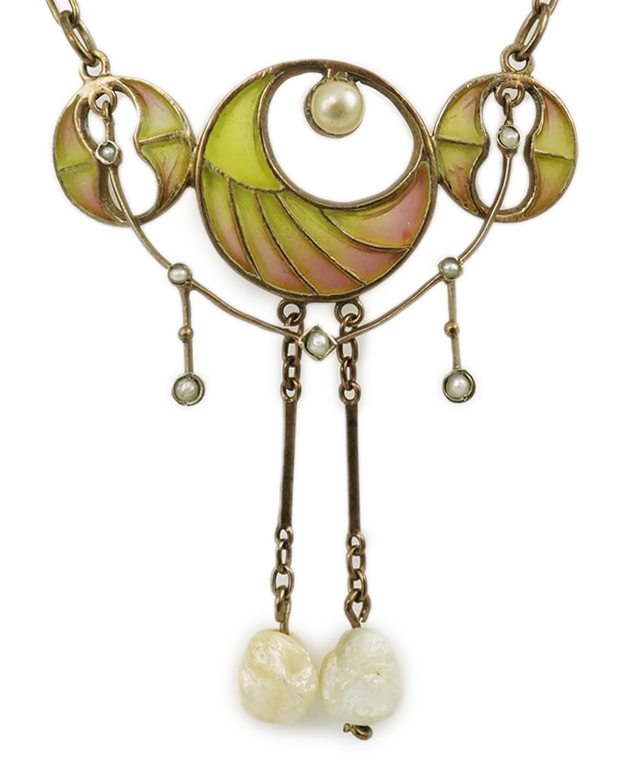 An early 20th century French silver gilt, baroque and seed pearl set plique a jour enamel pendant necklace